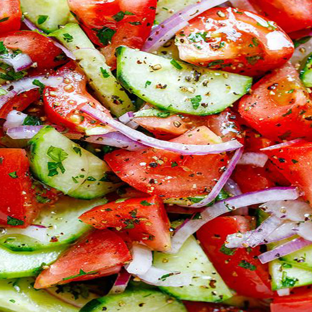 Cucumbers onions and Tomatos Salad